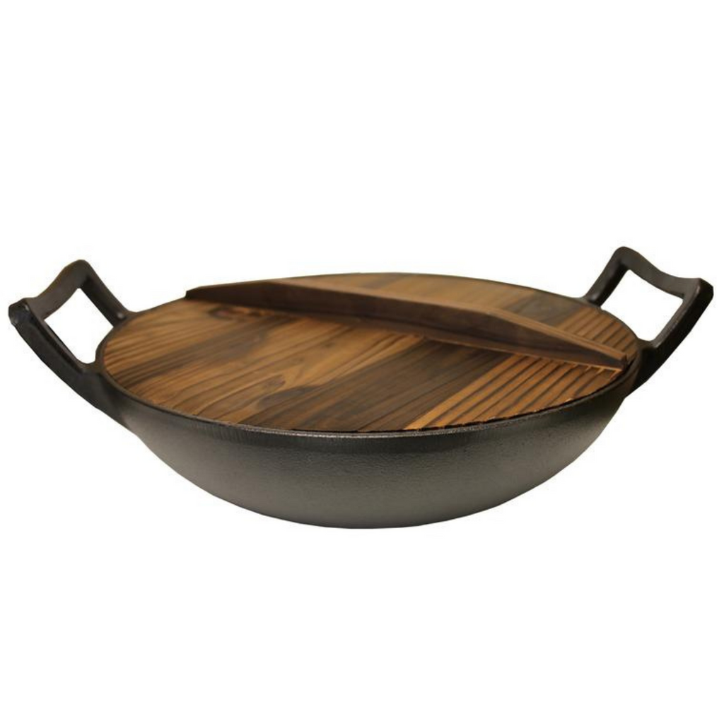 Kasian House Cast Iron Wok, Pre-Seasoned with Wooden Lid 12 Diameter and  Large Handles